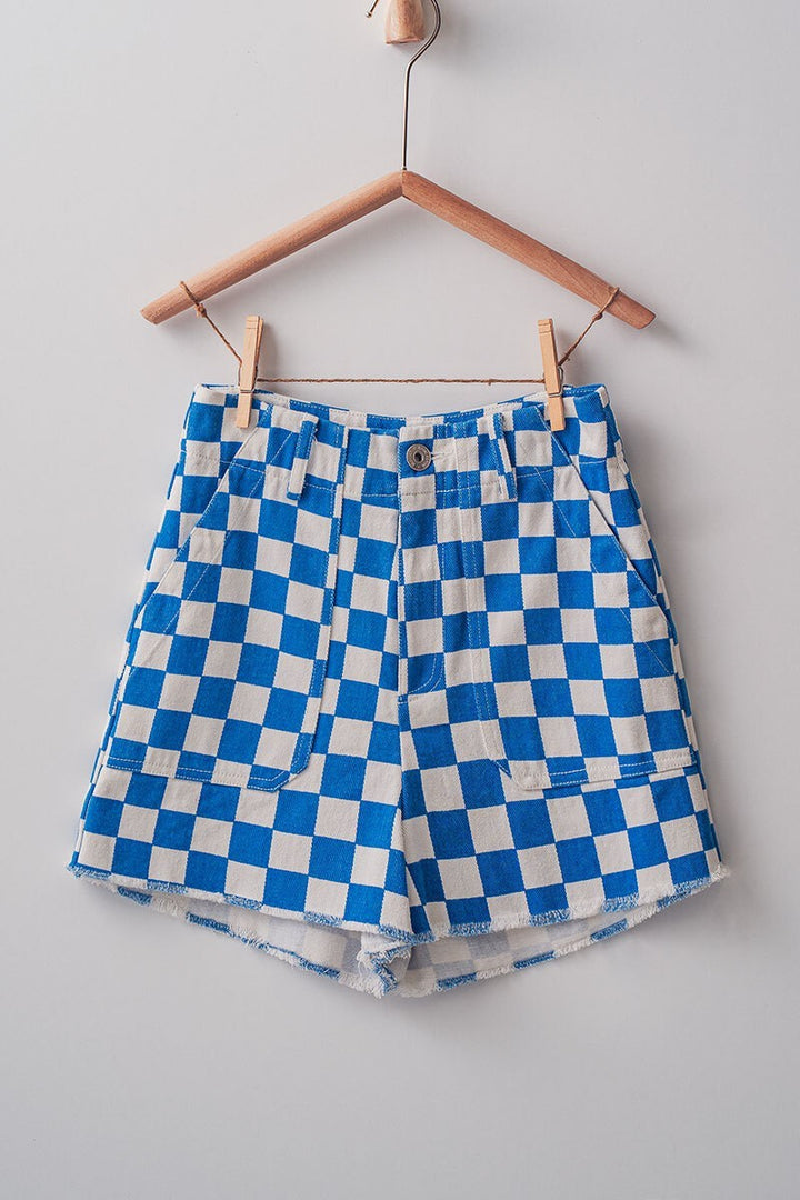 High-Rise Checkerboard Patterned Denim Shorts in Blue - Women's Wholesale Shorts | Trend Notes
