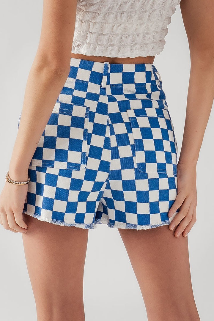 High-Rise Checkerboard Patterned Denim Shorts in Blue - Women's Wholesale Shorts | Trend Notes