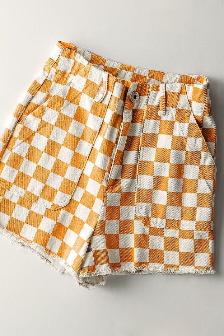 High-Rise Checkerboard Patterned Denim Shorts in Orange - Women's Wholesale Shorts | Trend Notes