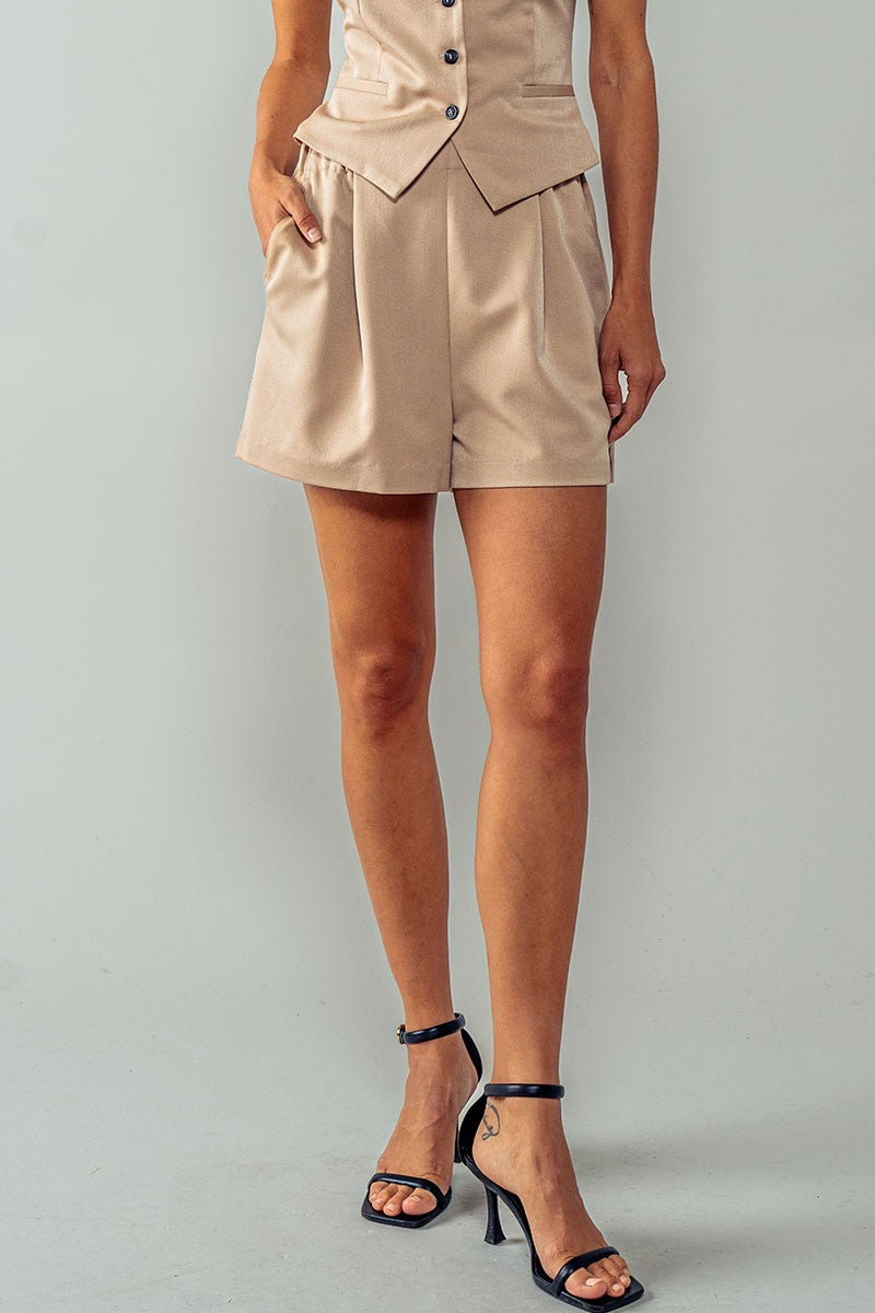 Core Pleated Shorts in Khaki - Women's Wholesale Casual Shorts | Trend Notes