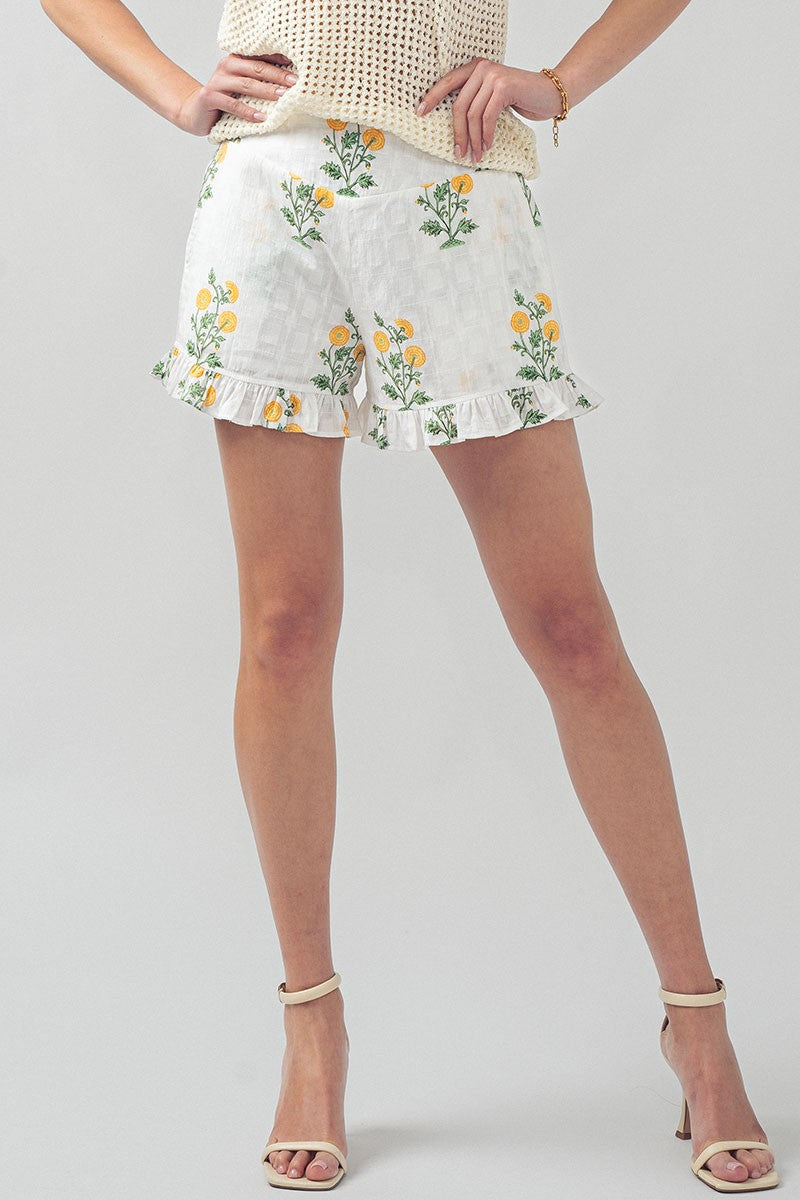 Buttercup Dreams Ruffle Shorts in White Green Yellow - Women's Wholesale Casual Shorts | Trend Notes