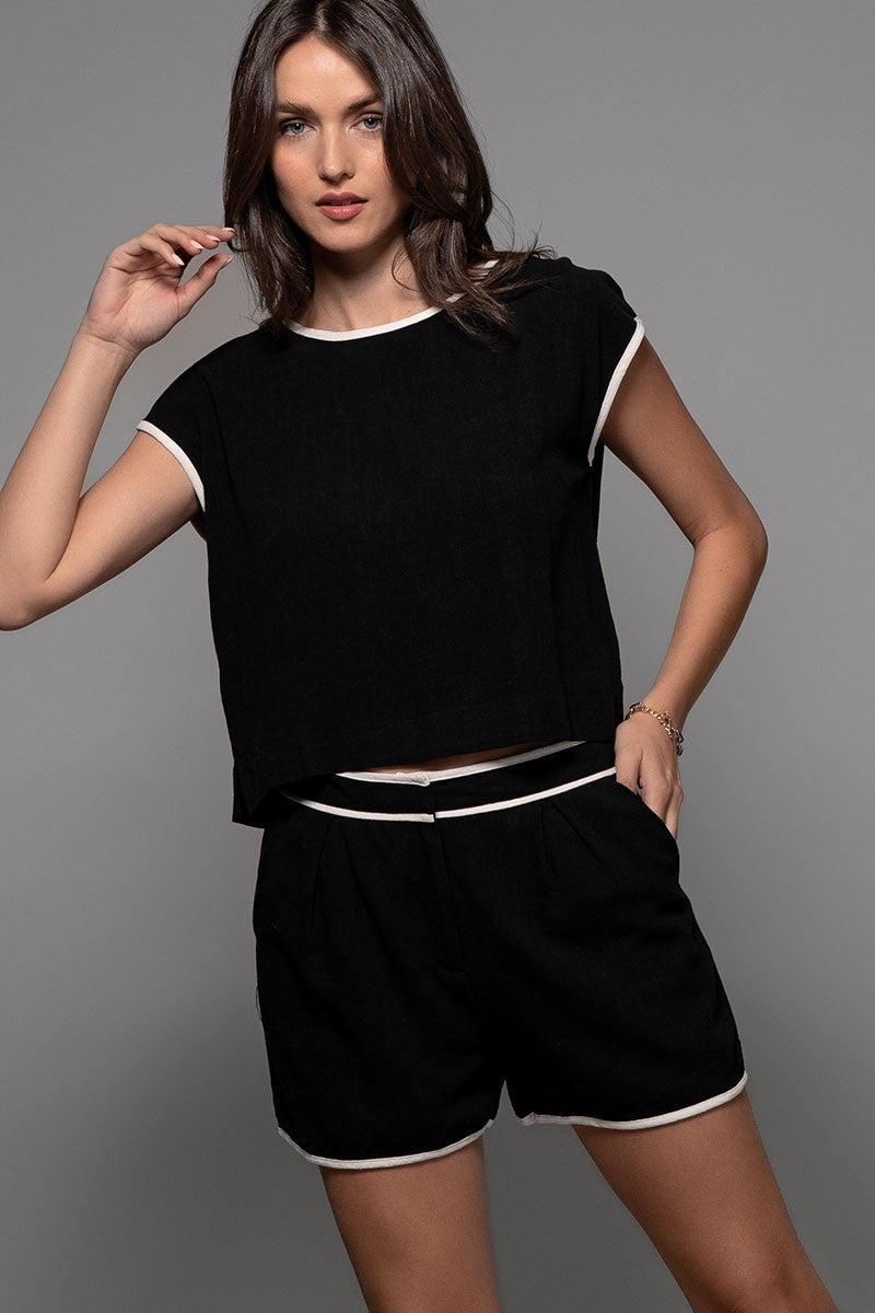 Contrast Trim Linen Shorts in Black - Women's Wholesale Casual Shorts | Trend Notes