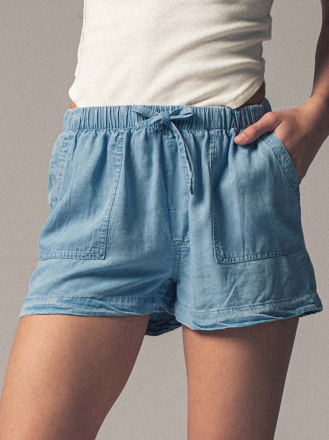 PATCH POCKET TENCEL SUMMER SHORTS in Lt Blue - Women's Wholesale Casual Shorts | Trend Notes