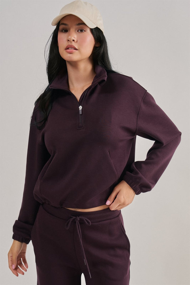 Scuba Knit Mock Neck Half Zip Pullover in Chocolate - Women's Wholesale Sweatshirts & Hoodies | Trend Notes