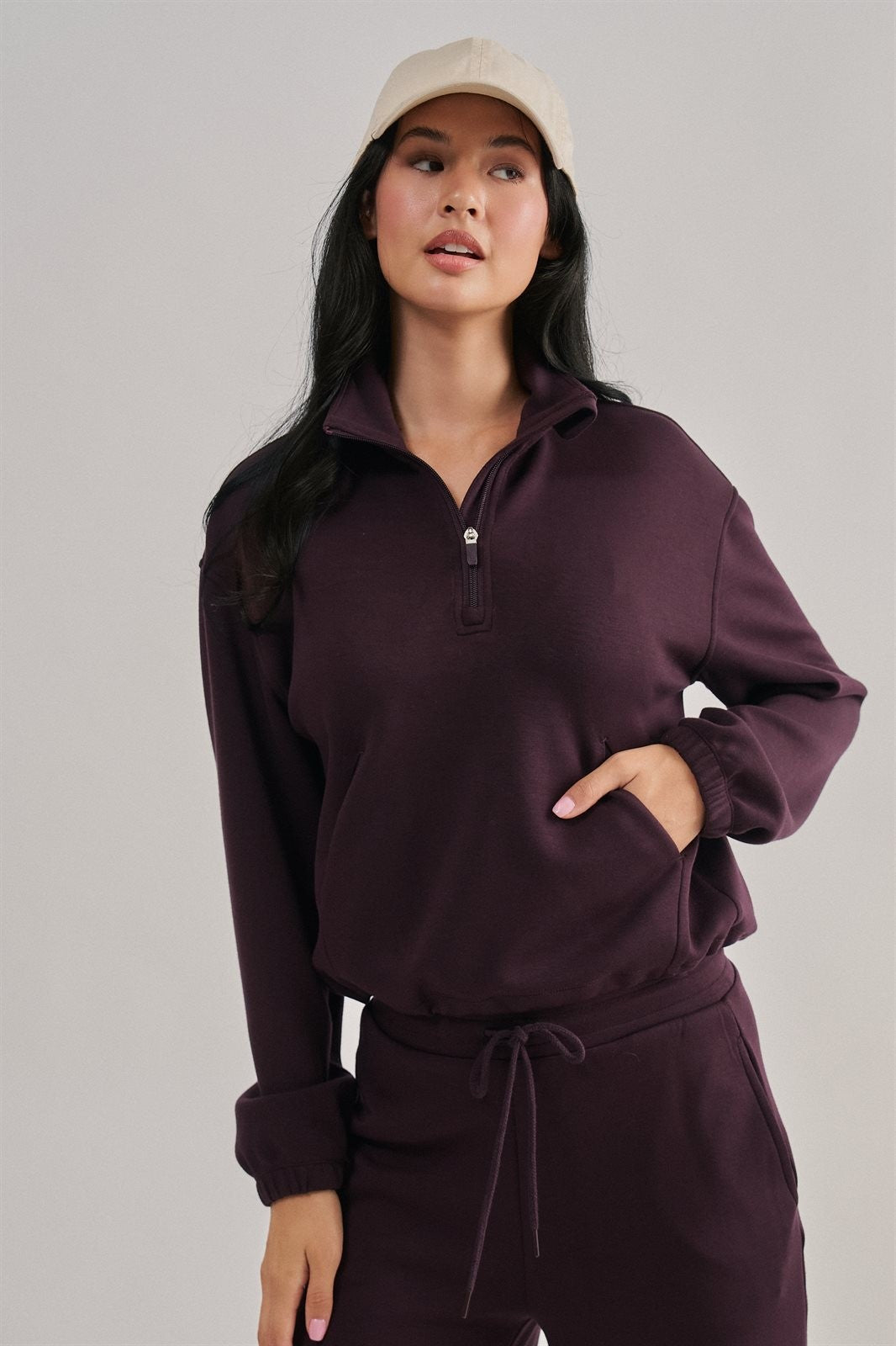 Scuba Knit Mock Neck Half Zip Pullover in Chocolate - Women's Wholesale Sweatshirts & Hoodies | Trend Notes