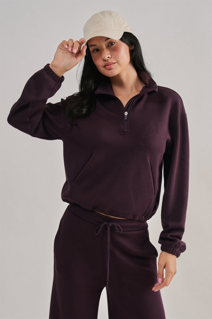 Scuba Knit Mock Neck Half Zip Pullover in Chocolate - Women's Wholesale Sweatshirts & Hoodies | Trend Notes