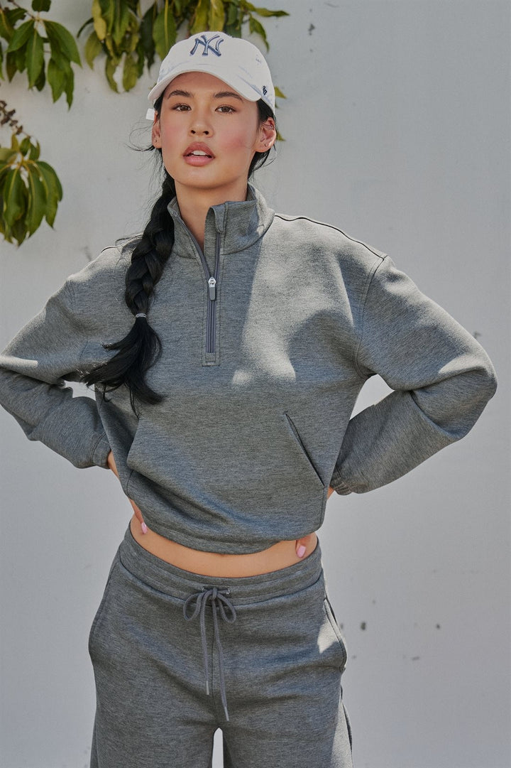 Scuba Knit Mock Neck Half Zip Pullover in Dk H Grey - Women's Wholesale Sweatshirts & Hoodies | Trend Notes