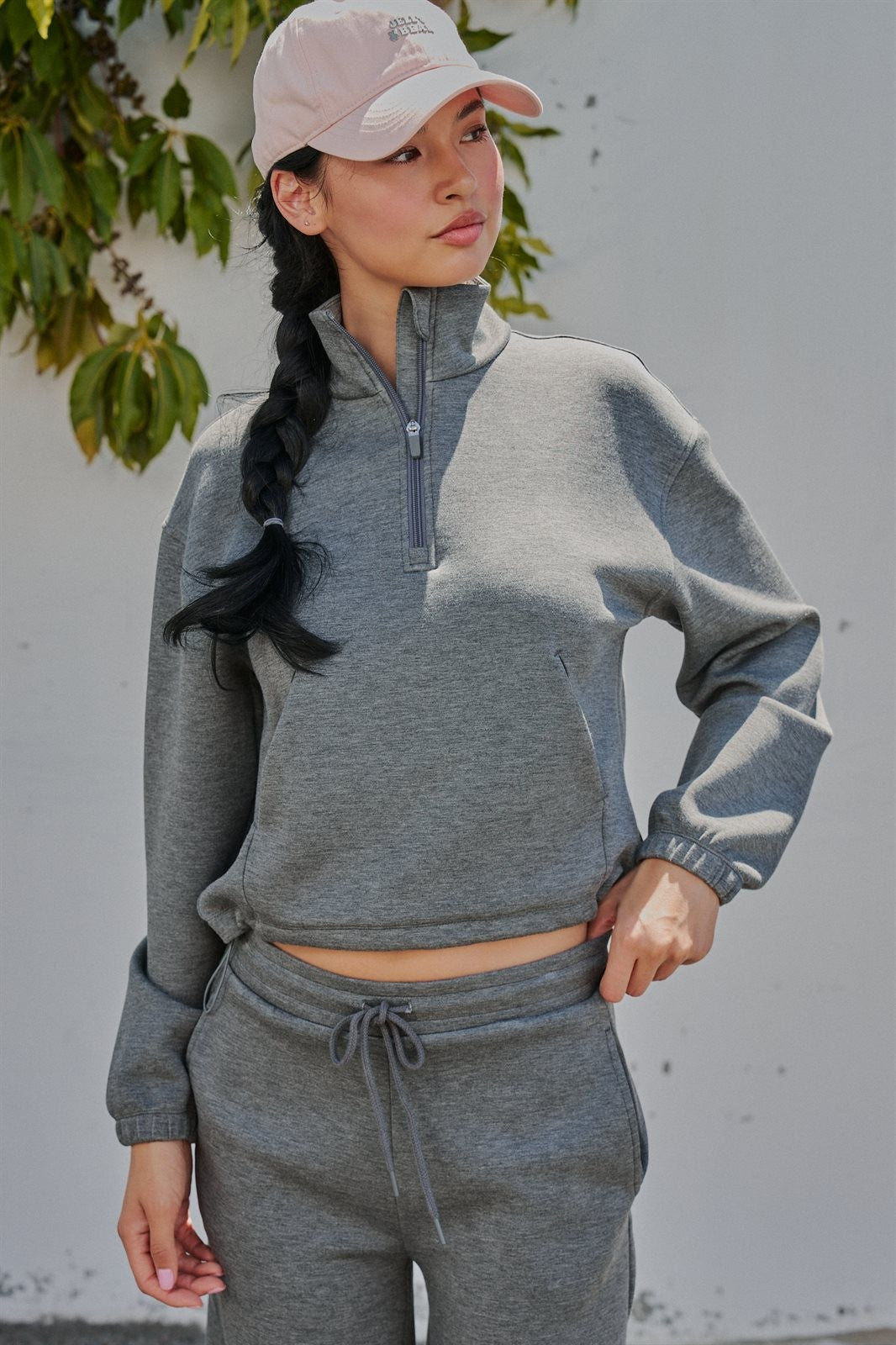 Scuba Knit Mock Neck Half Zip Pullover in Dk H Grey - Women's Wholesale Sweatshirts & Hoodies | Trend Notes
