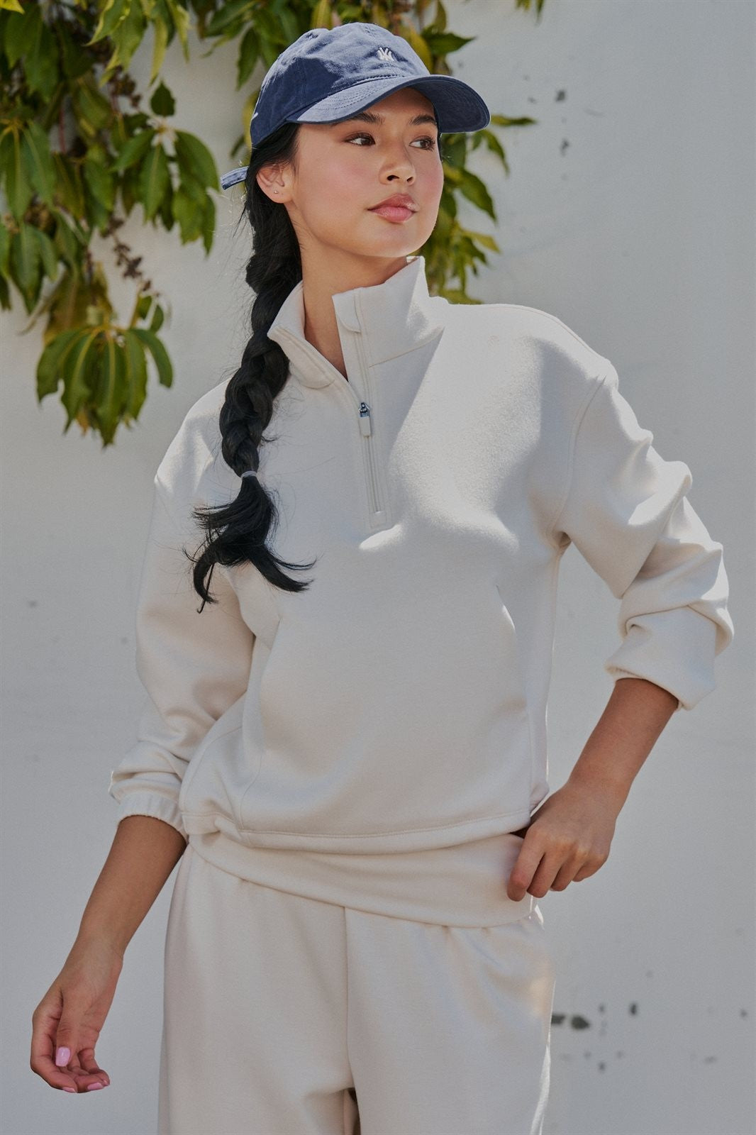 Scuba Knit Mock Neck Half Zip Pullover in Milk - Women's Wholesale Sweatshirts & Hoodies | Trend Notes