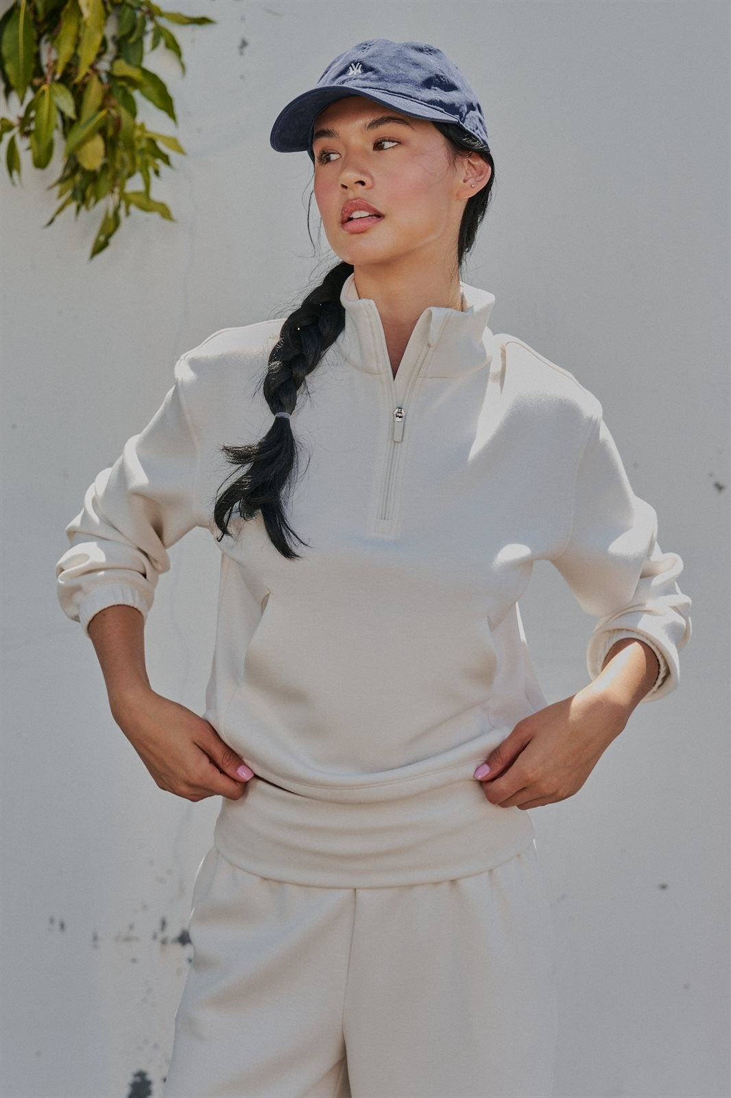 Scuba Knit Mock Neck Half Zip Pullover in Milk - Women's Wholesale Sweatshirts & Hoodies | Trend Notes