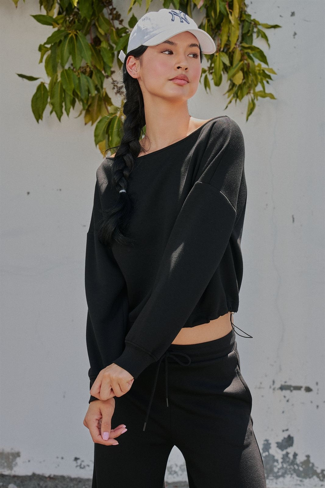 Scuba Knit Boat Neck Top with Drawstring Hem in Black - Women's Wholesale Sweatshirts & Hoodies | Trend Notes