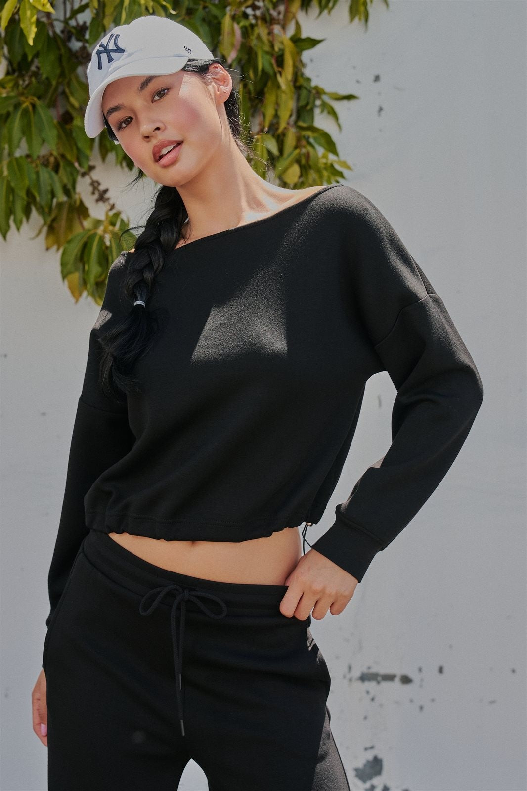 Scuba Knit Boat Neck Top with Drawstring Hem in Black - Women's Wholesale Sweatshirts & Hoodies | Trend Notes