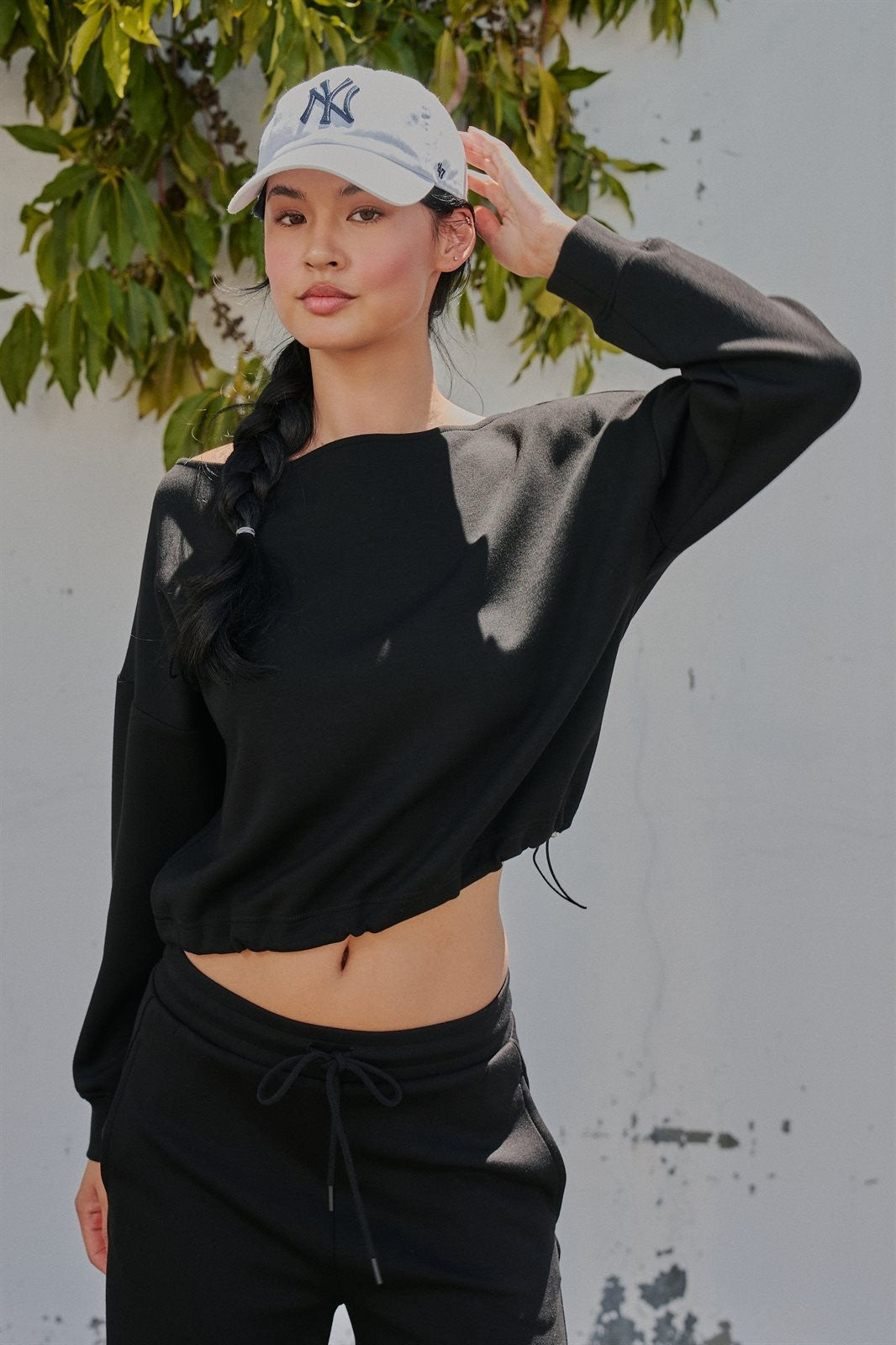 Scuba Knit Boat Neck Top with Drawstring Hem in Black - Women's Wholesale Sweatshirts & Hoodies | Trend Notes