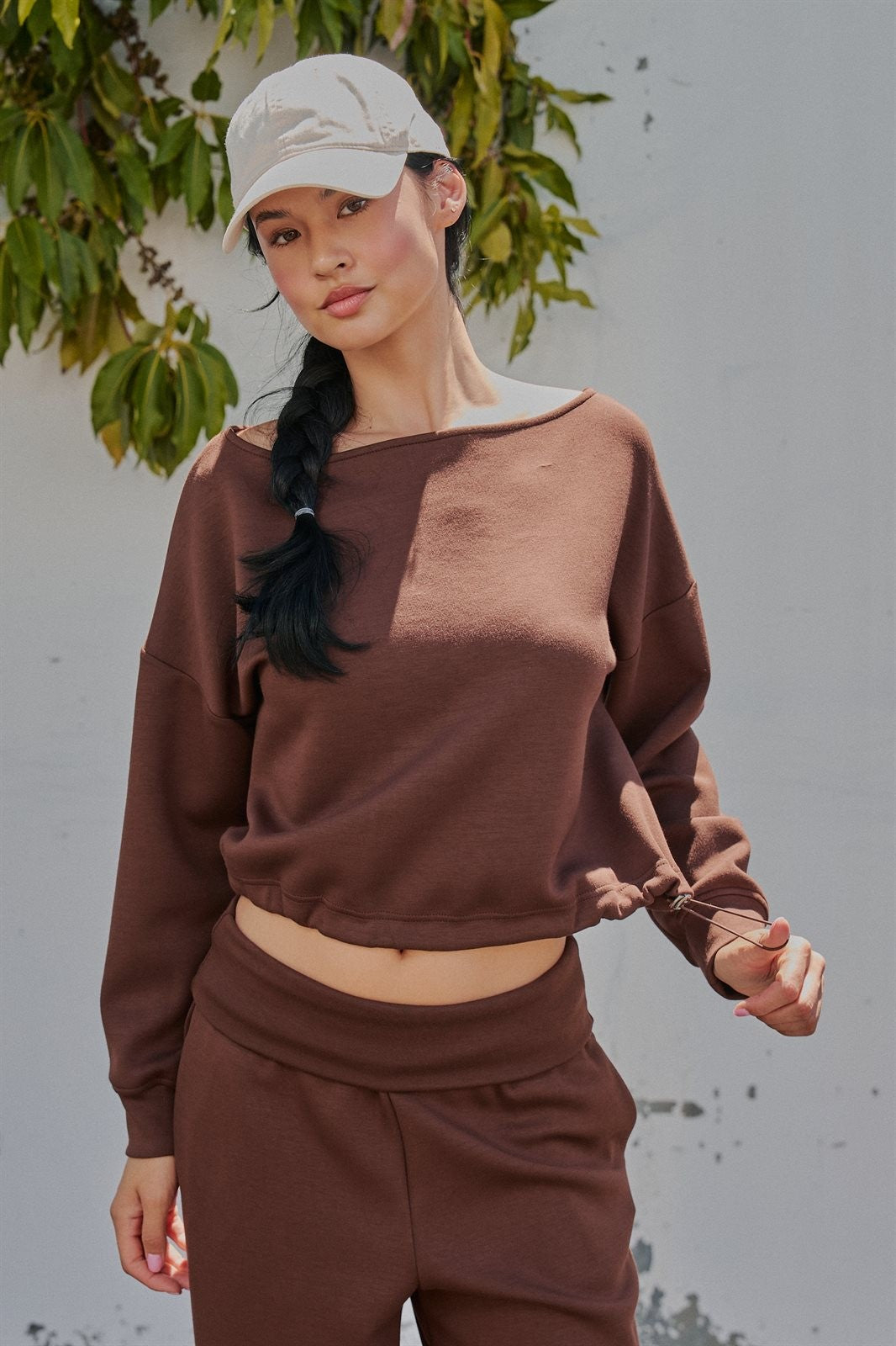 Scuba Knit Boat Neck Top with Drawstring Hem in Chocolate - Women's Wholesale Sweatshirts & Hoodies | Trend Notes
