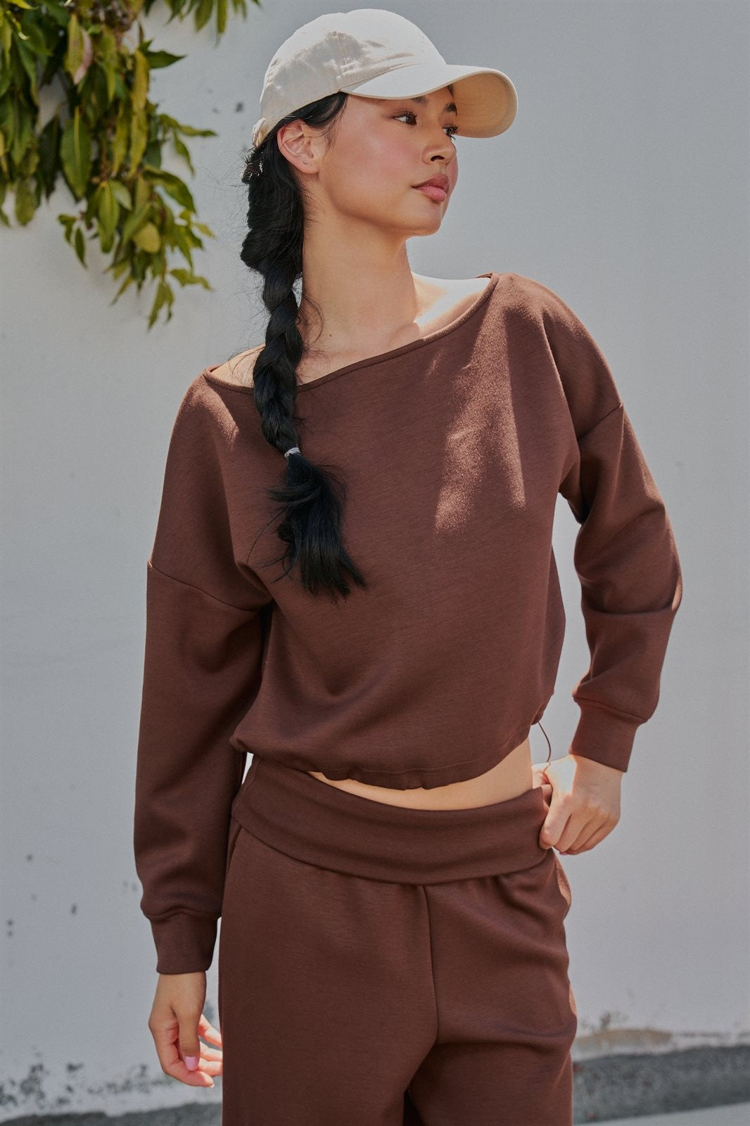 Scuba Knit Boat Neck Top with Drawstring Hem in Chocolate - Women's Wholesale Sweatshirts & Hoodies | Trend Notes