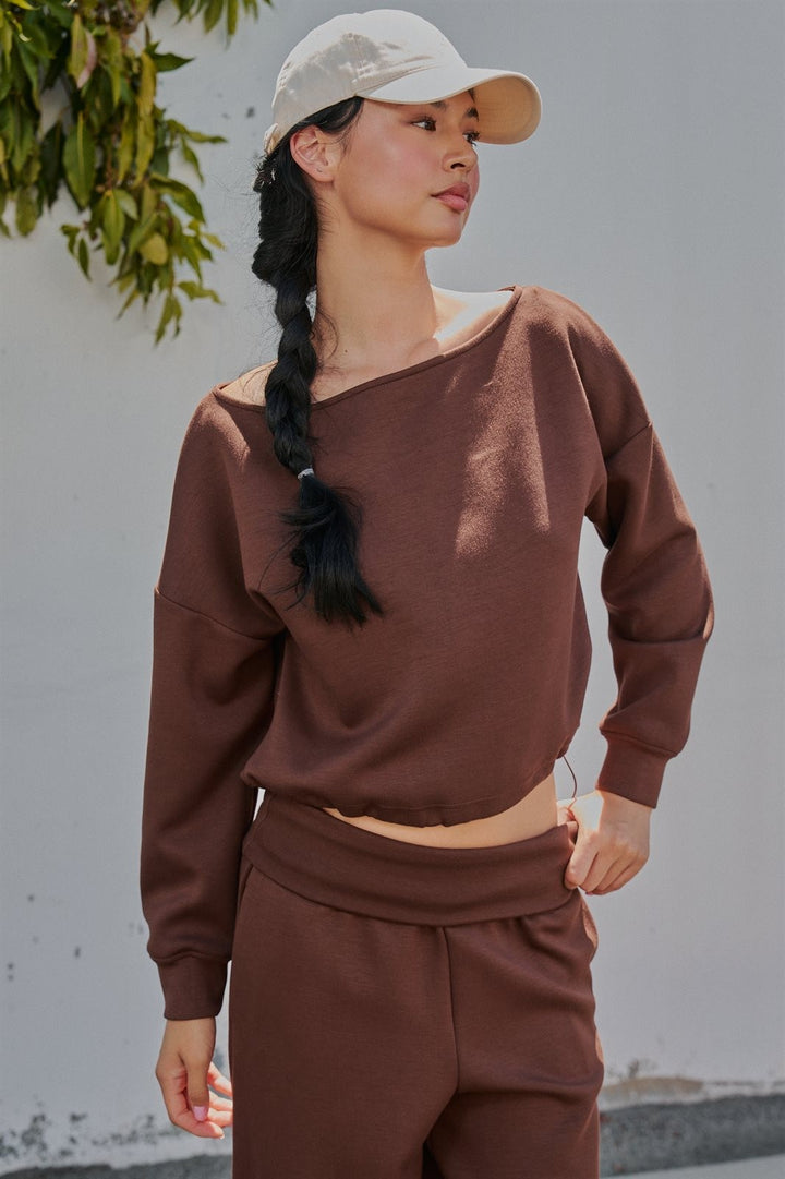 Scuba Knit Boat Neck Top with Drawstring Hem in Chocolate - Women's Wholesale Sweatshirts & Hoodies | Trend Notes