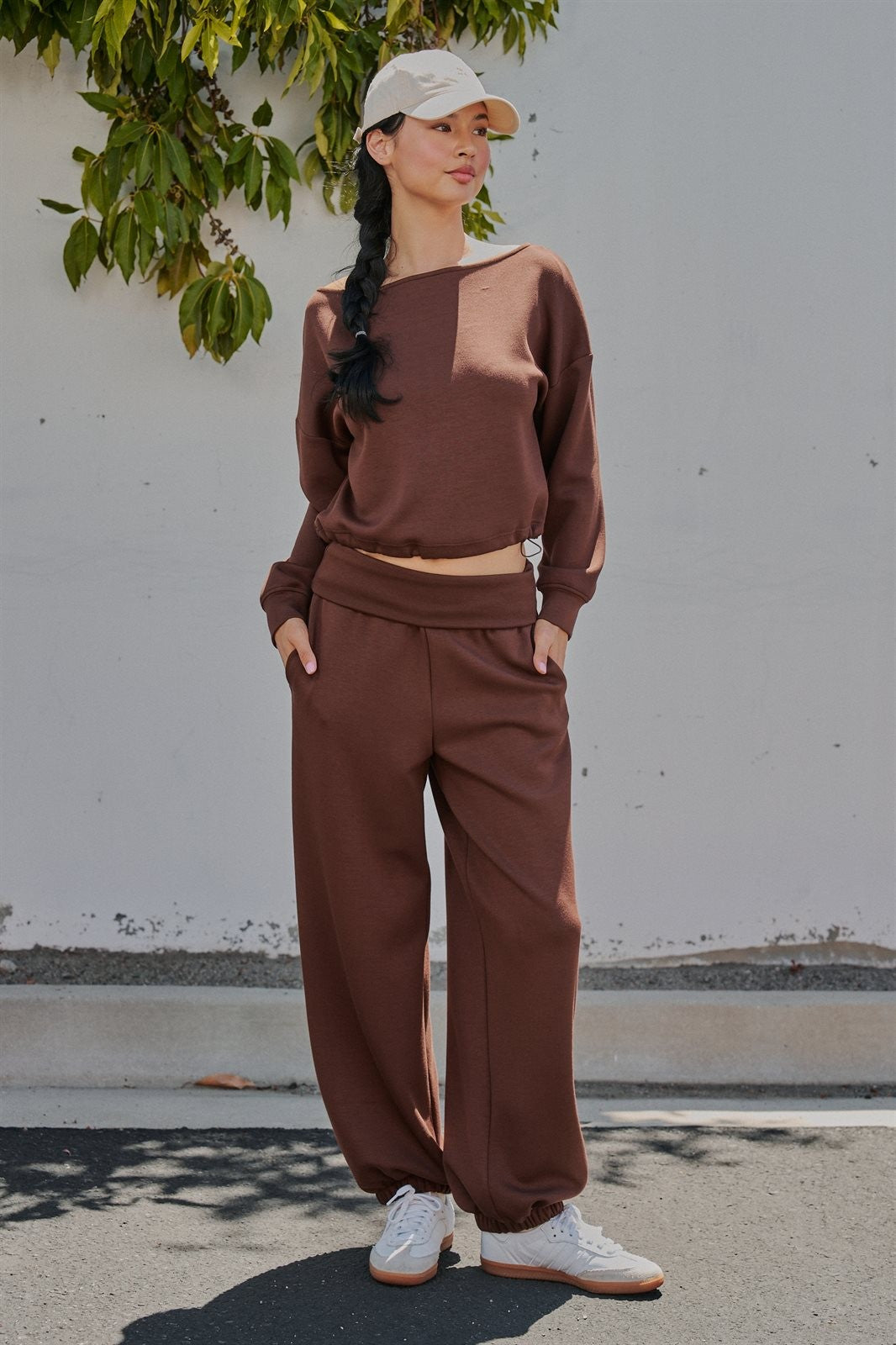 Scuba Knit Boat Neck Top with Drawstring Hem in Chocolate - Women's Wholesale Sweatshirts & Hoodies | Trend Notes