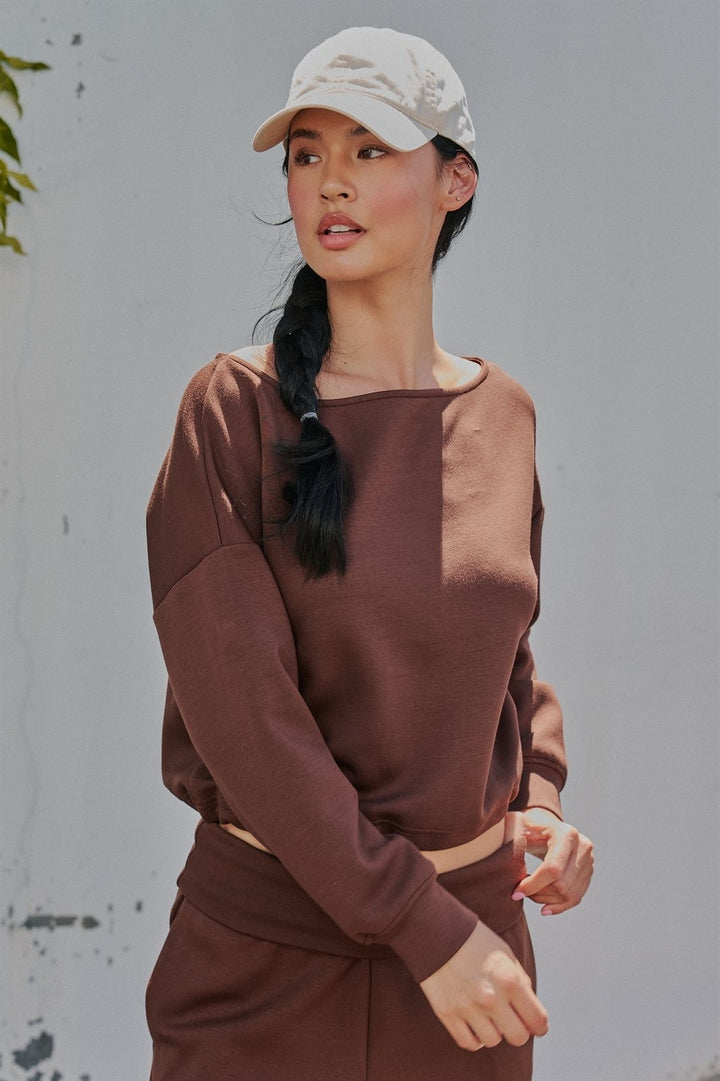 Scuba Knit Boat Neck Top with Drawstring Hem in Chocolate - Women's Wholesale Sweatshirts & Hoodies | Trend Notes