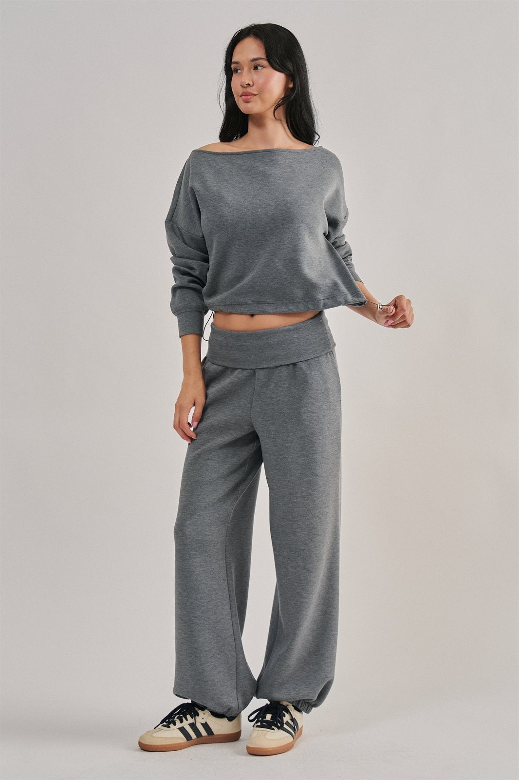 Scuba Knit Boat Neck Top with Drawstring Hem in Dk H Grey - Women's Wholesale Sweatshirts & Hoodies | Trend Notes