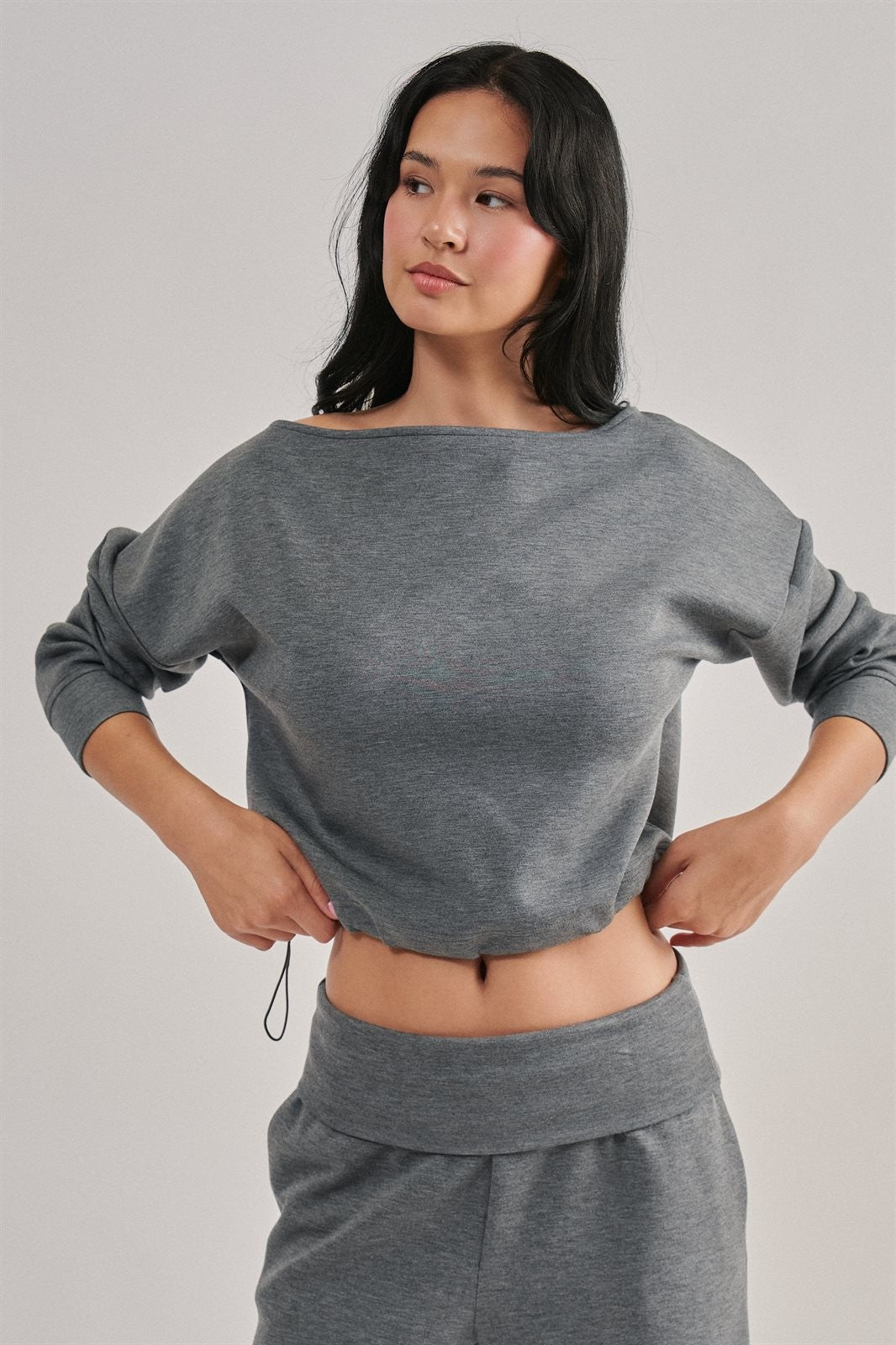 Scuba Knit Boat Neck Top with Drawstring Hem in Dk H Grey - Women's Wholesale Sweatshirts & Hoodies | Trend Notes