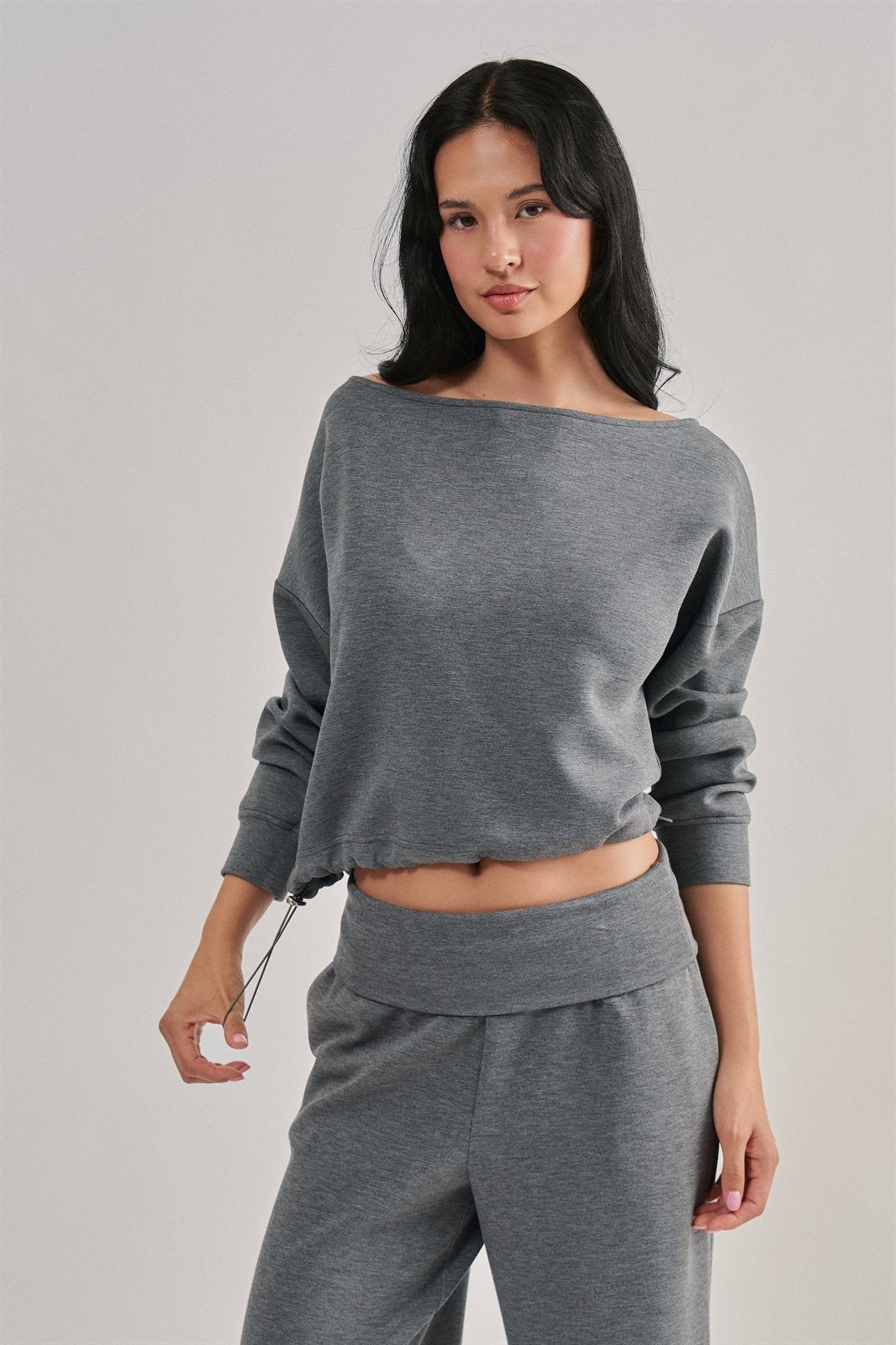 Scuba Knit Boat Neck Top with Drawstring Hem in Dk H Grey - Women's Wholesale Sweatshirts & Hoodies | Trend Notes