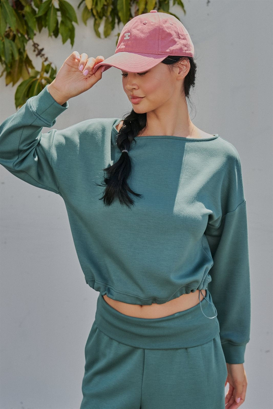 Scuba Knit Boat Neck Top with Drawstring Hem in Teal Green - Women's Wholesale Sweatshirts & Hoodies | Trend Notes