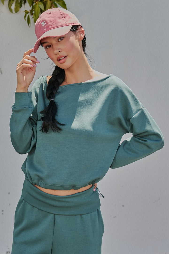 Scuba Knit Boat Neck Top with Drawstring Hem in Teal Green - Women's Wholesale Sweatshirts & Hoodies | Trend Notes