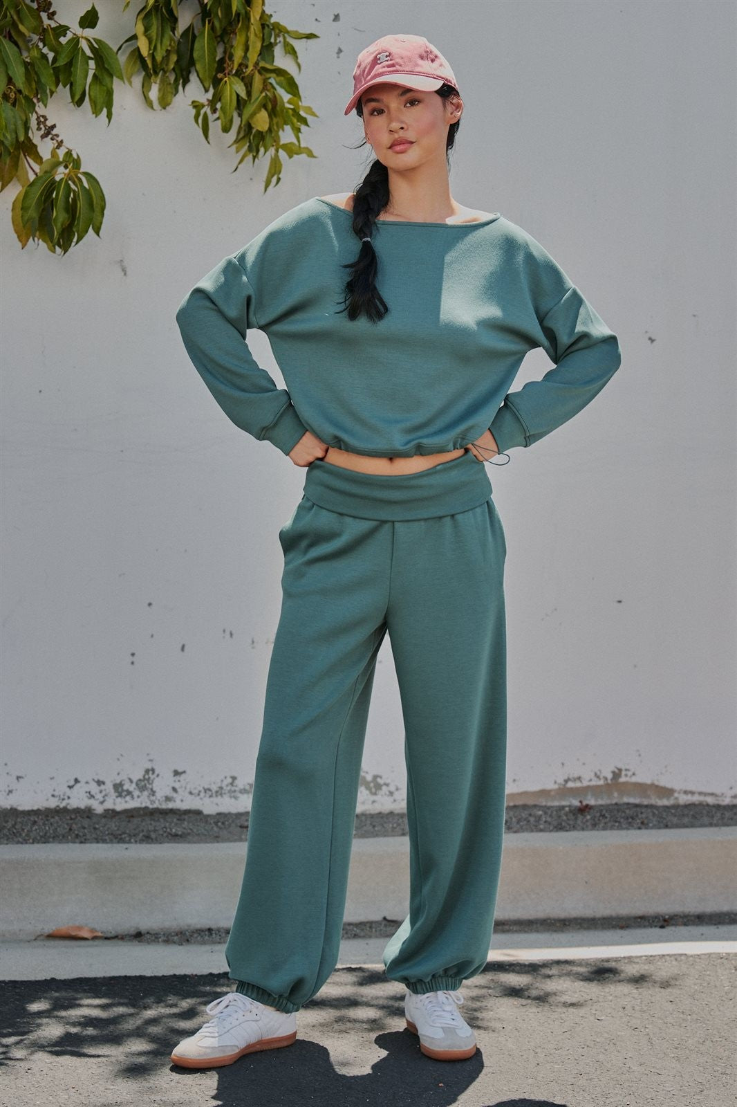 Scuba Knit Boat Neck Top with Drawstring Hem in Teal Green - Women's Wholesale Sweatshirts & Hoodies | Trend Notes