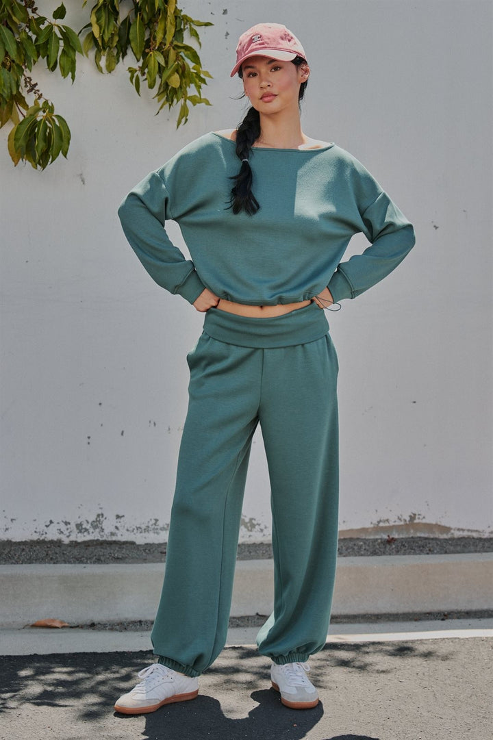 Scuba Knit Boat Neck Top with Drawstring Hem in Teal Green - Women's Wholesale Sweatshirts & Hoodies | Trend Notes