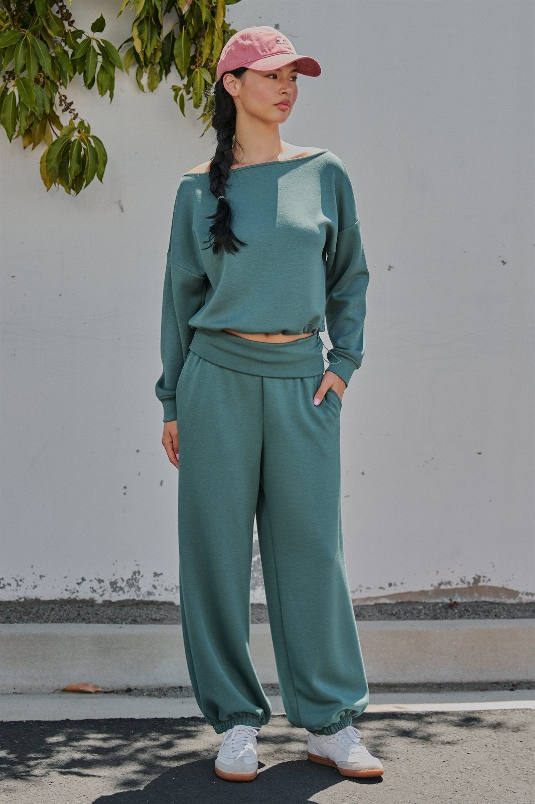 Scuba Knit Boat Neck Top with Drawstring Hem in Teal Green - Women's Wholesale Sweatshirts & Hoodies | Trend Notes