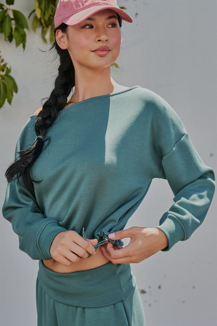 Scuba Knit Boat Neck Top with Drawstring Hem in Teal Green - Women's Wholesale Sweatshirts & Hoodies | Trend Notes
