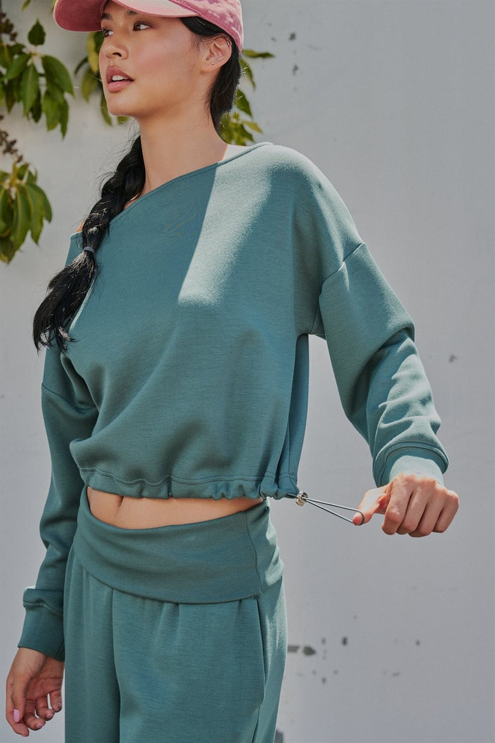 Scuba Knit Boat Neck Top with Drawstring Hem in Teal Green - Women's Wholesale Sweatshirts & Hoodies | Trend Notes
