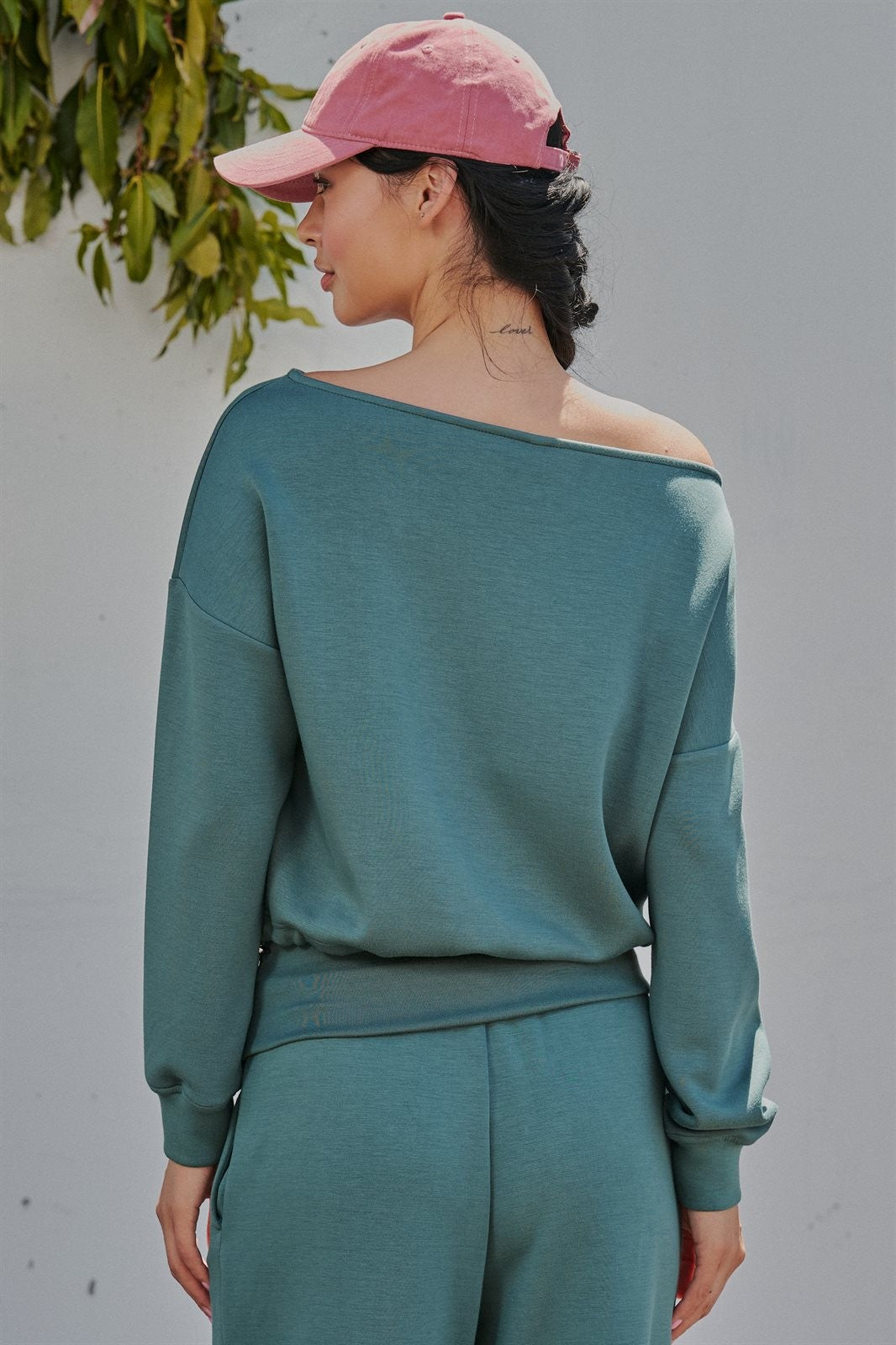 Scuba Knit Boat Neck Top with Drawstring Hem in Teal Green - Women's Wholesale Sweatshirts & Hoodies | Trend Notes