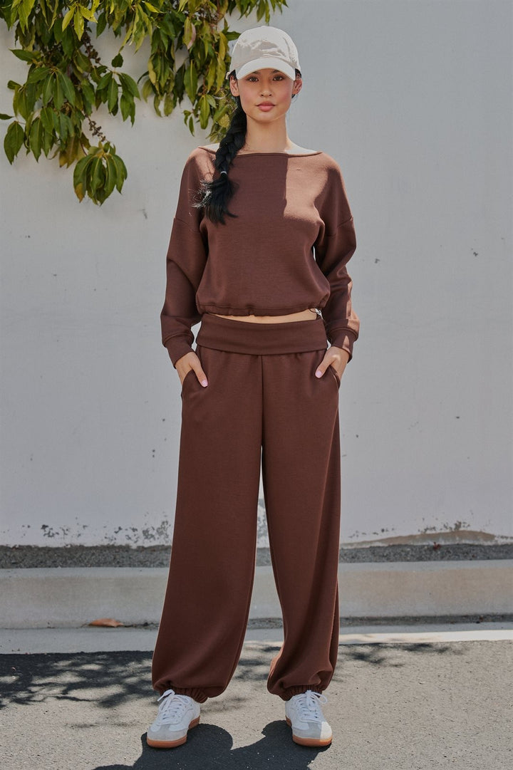 Foldover Waist Scuba Knit Balloon Jogger in Chocolate - Women's Wholesale Sweatpants & Joggers | Trend Notes