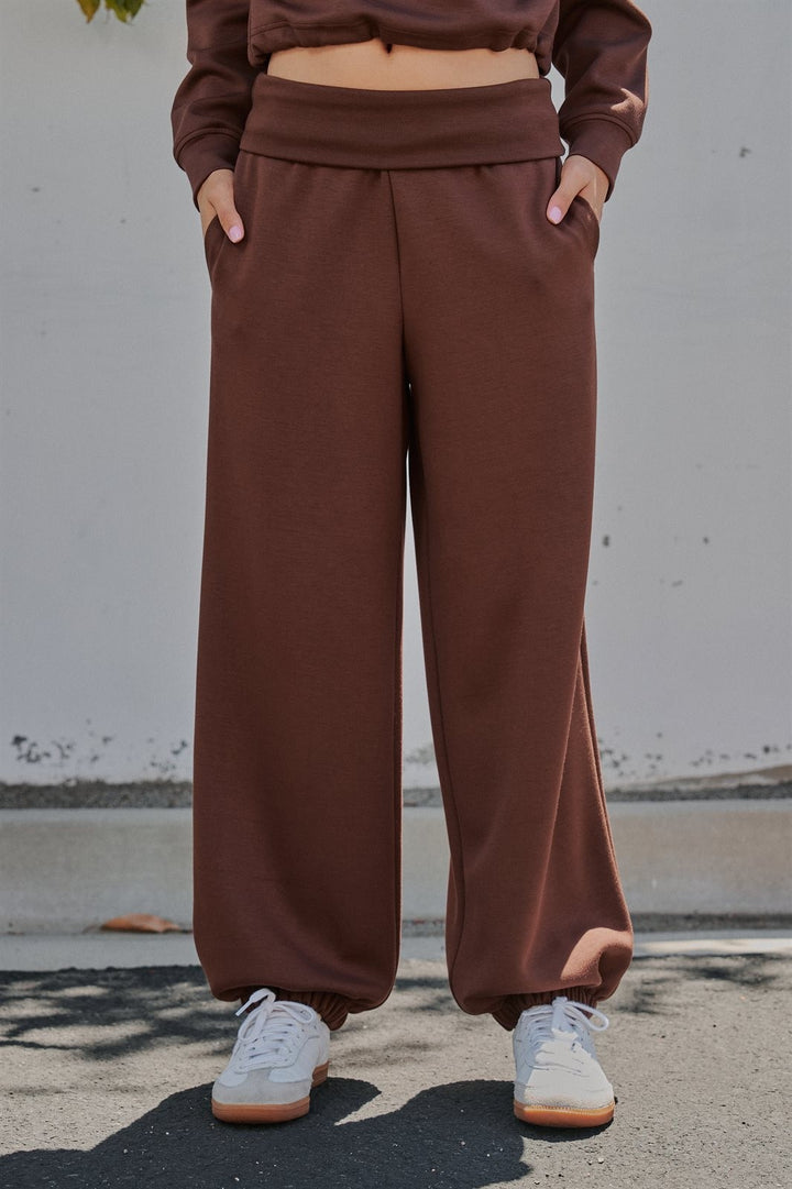 Foldover Waist Scuba Knit Balloon Jogger in Chocolate - Women's Wholesale Sweatpants & Joggers | Trend Notes
