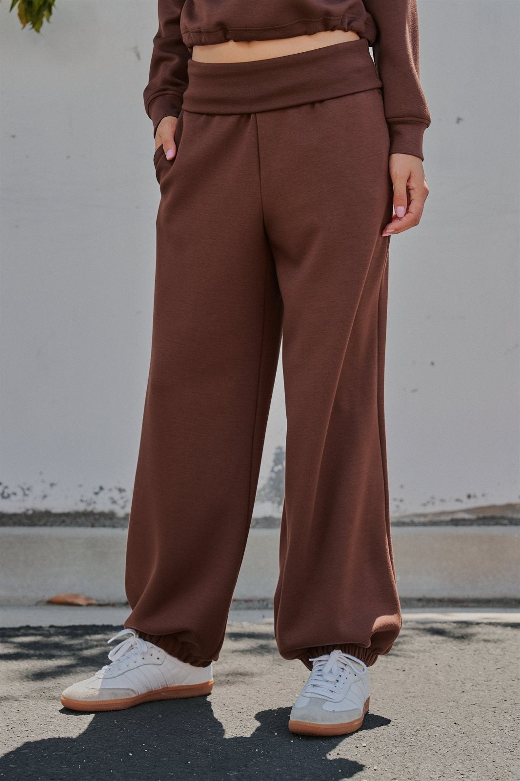 Foldover Waist Scuba Knit Balloon Jogger in Chocolate - Women's Wholesale Sweatpants & Joggers | Trend Notes