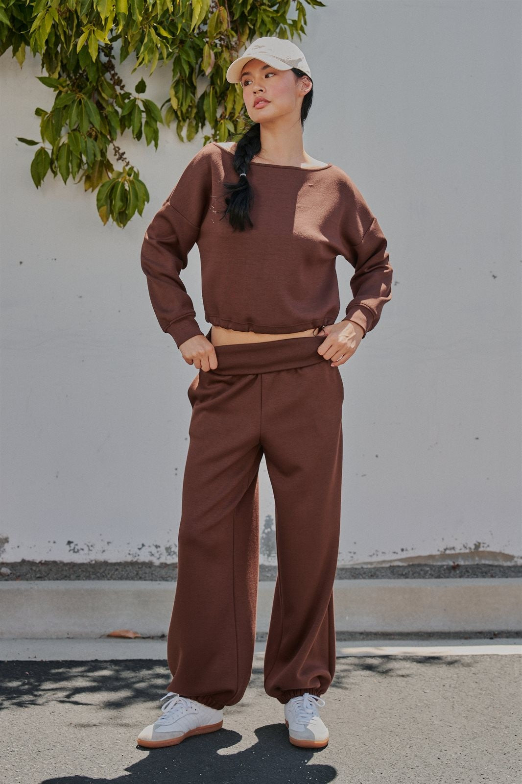 Foldover Waist Scuba Knit Balloon Jogger in Chocolate - Women's Wholesale Sweatpants & Joggers | Trend Notes