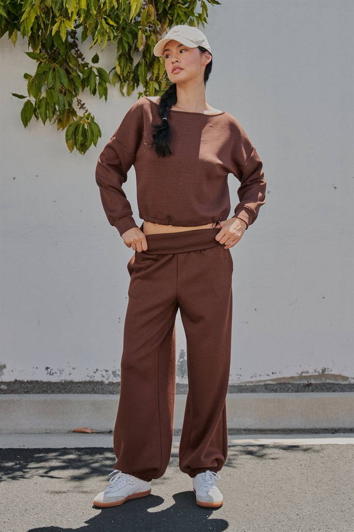 Foldover Waist Scuba Knit Balloon Jogger in Chocolate - Women's Wholesale Sweatpants & Joggers | Trend Notes
