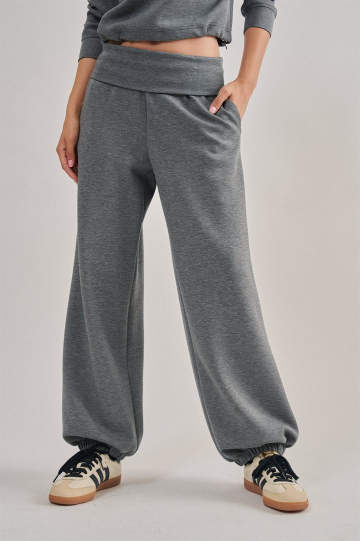 Foldover Waist Scuba Knit Balloon Jogger in Dk H Grey - Women's Wholesale Sweatpants & Joggers | Trend Notes