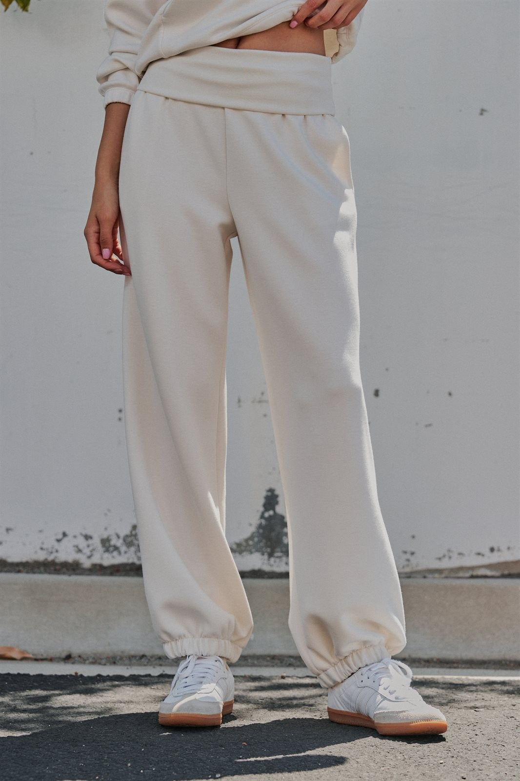 Foldover Waist Scuba Knit Balloon Jogger in Milk - Women's Wholesale Sweatpants & Joggers | Trend Notes