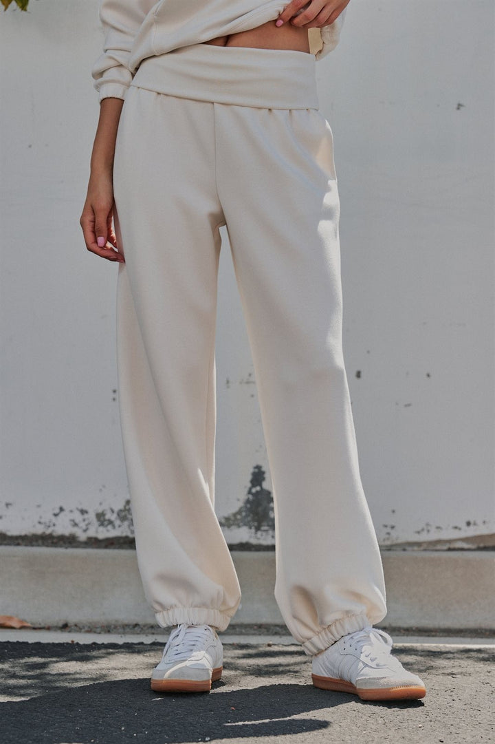 Foldover Waist Scuba Knit Balloon Jogger in Milk - Women's Wholesale Sweatpants & Joggers | Trend Notes