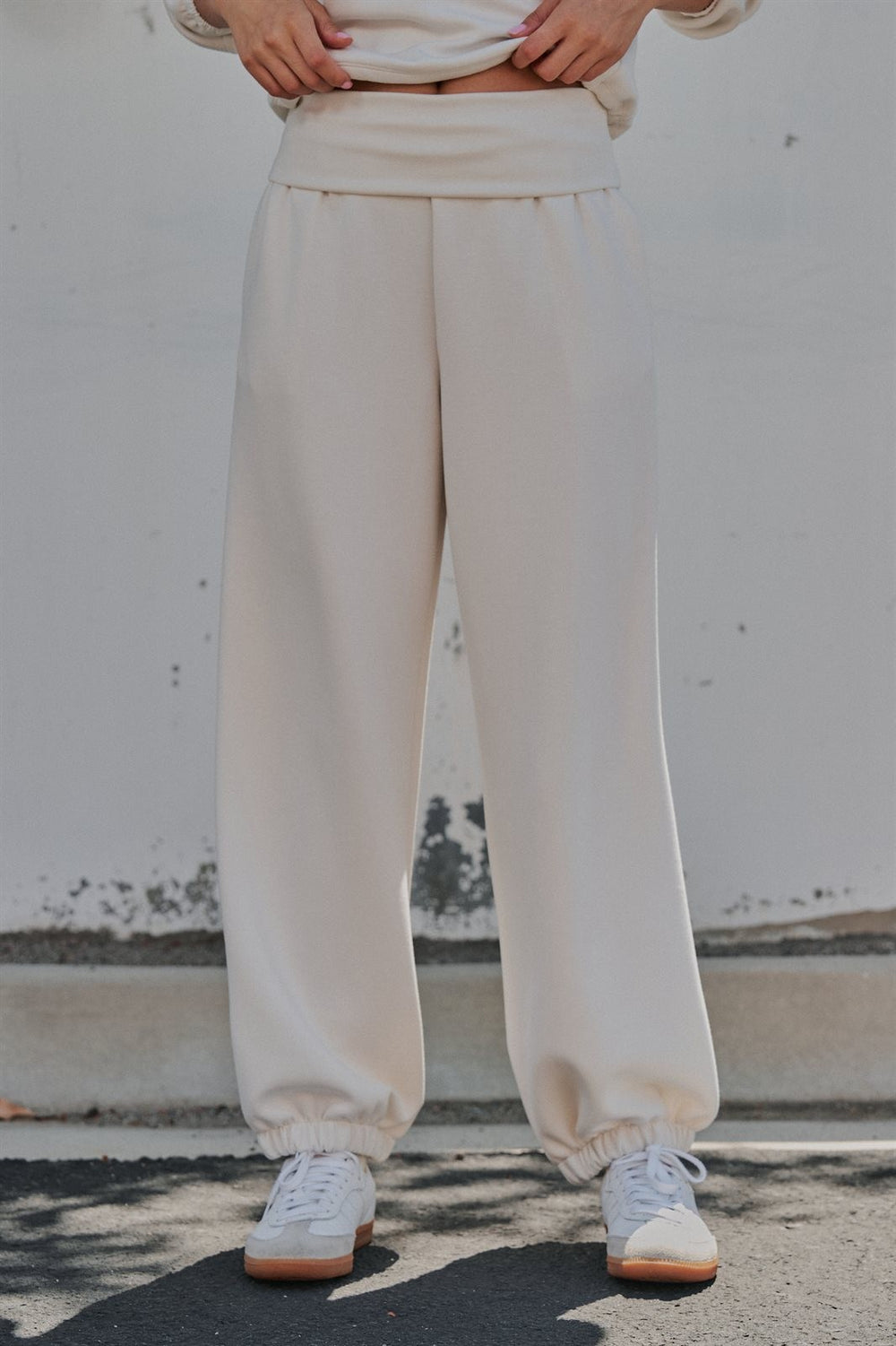 Foldover Waist Scuba Knit Balloon Jogger in Milk - Women's Wholesale Sweatpants & Joggers | Trend Notes