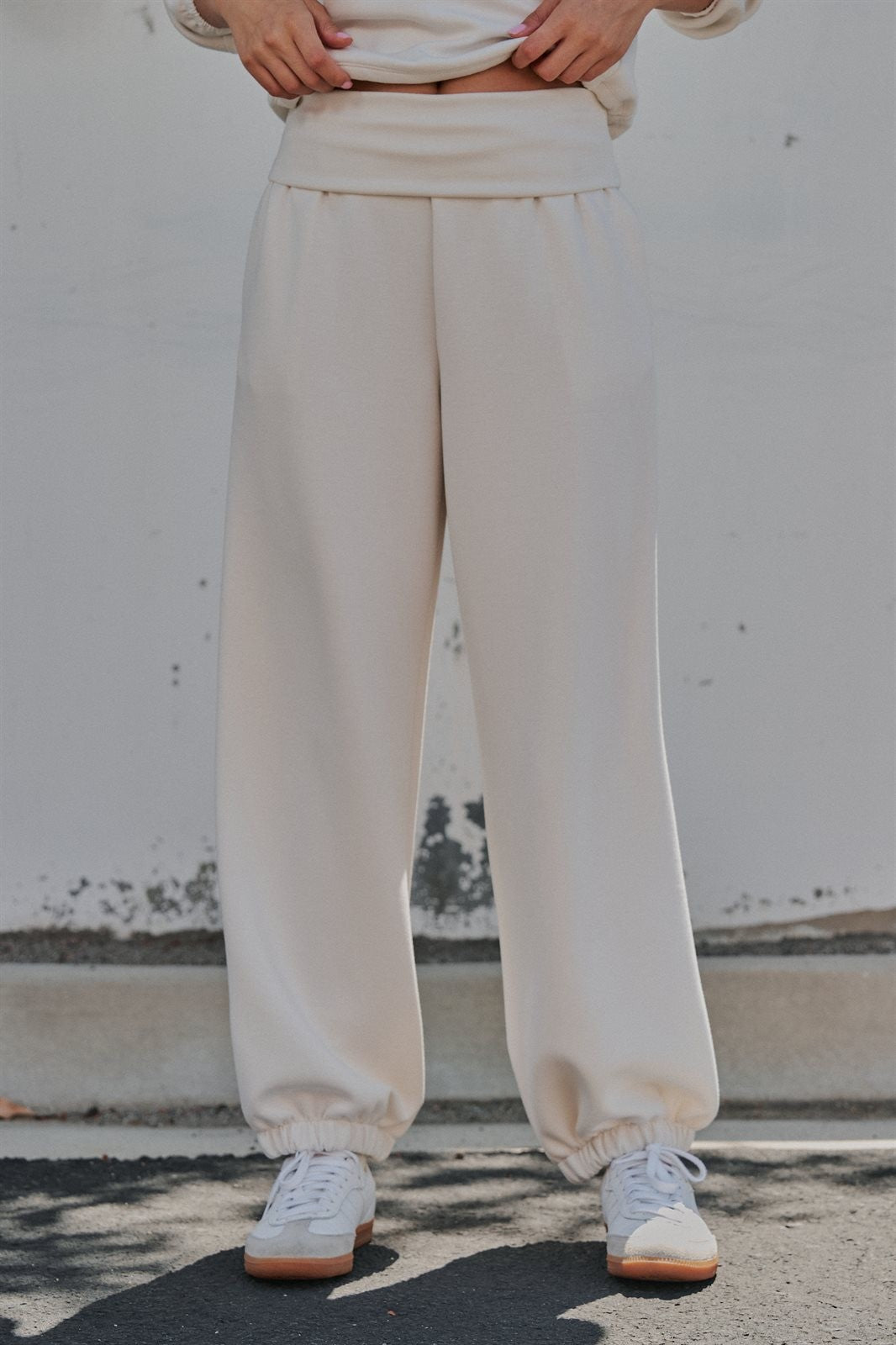 Foldover Waist Scuba Knit Balloon Jogger in Milk - Women's Wholesale Sweatpants & Joggers | Trend Notes