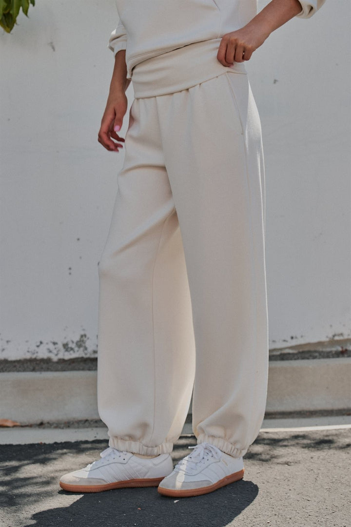 Foldover Waist Scuba Knit Balloon Jogger in Milk - Women's Wholesale Sweatpants & Joggers | Trend Notes