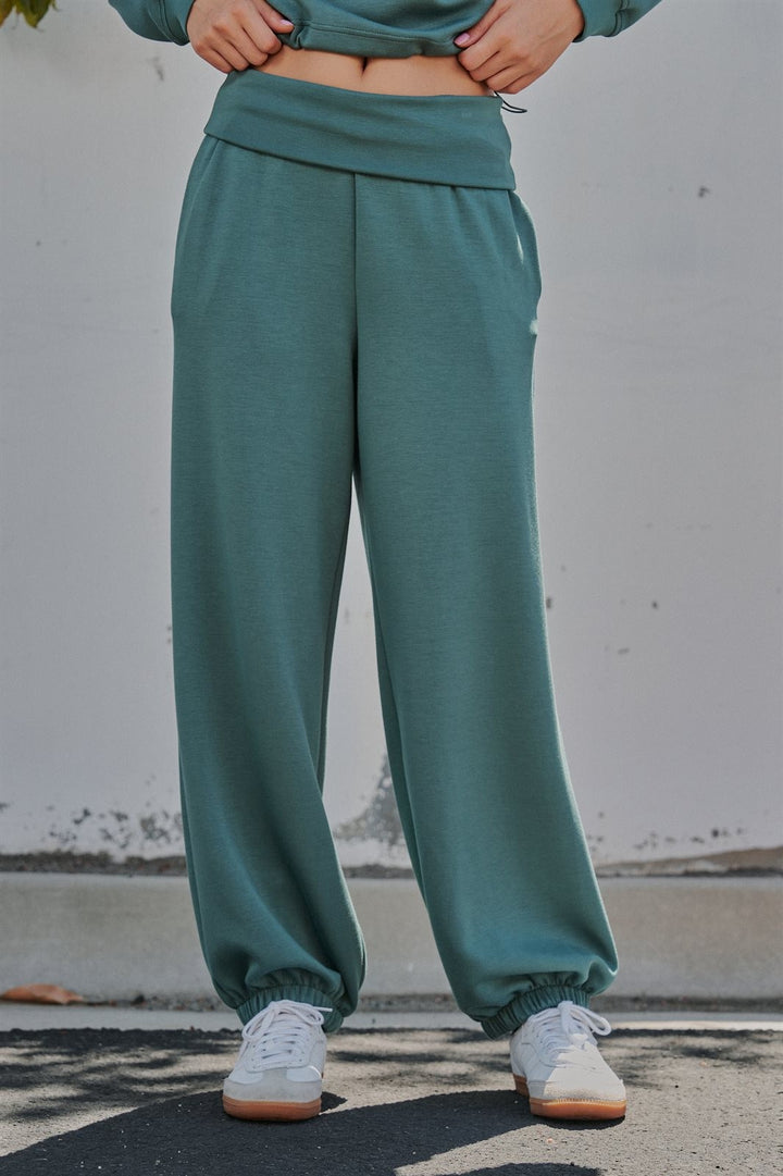 Foldover Waist Scuba Knit Balloon Jogger in Teal Green - Women's Wholesale Sweatpants & Joggers | Trend Notes