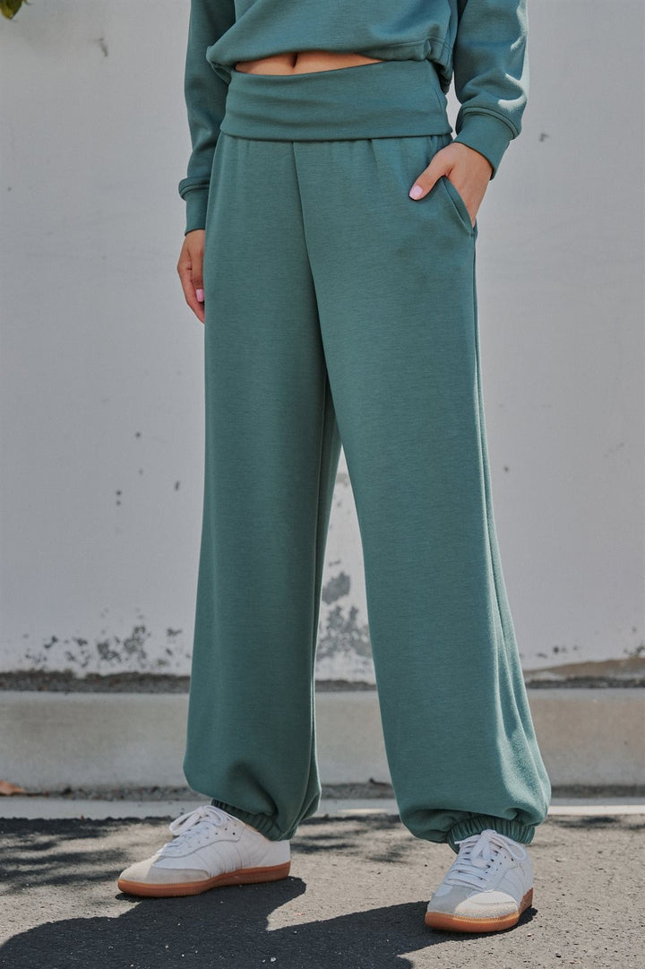 Foldover Waist Scuba Knit Balloon Jogger in Teal Green - Women's Wholesale Sweatpants & Joggers | Trend Notes