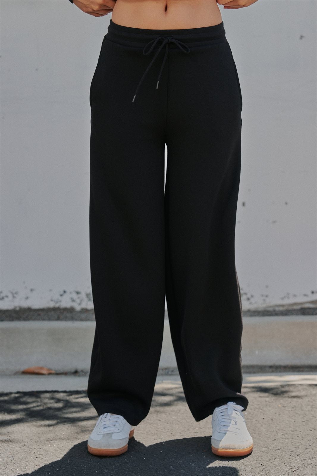 Scuba Knit Barrel Leg Pant with Drawstring Waist in Black - Women's Wholesale Sweatpants & Joggers | Trend Notes