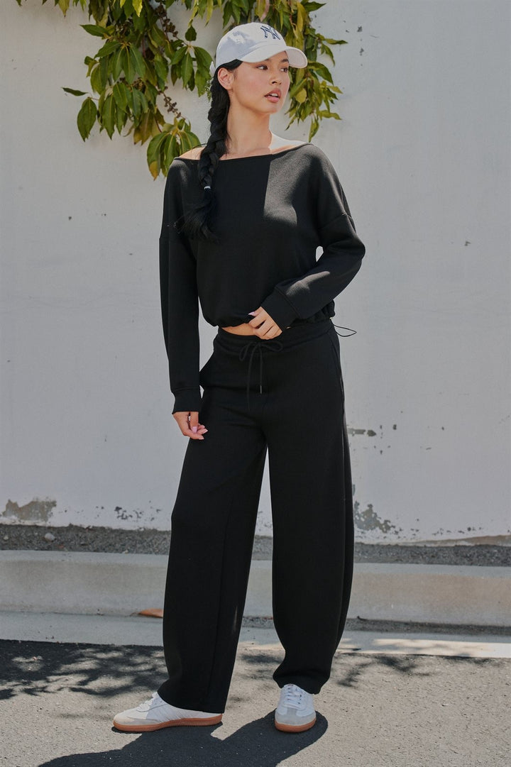 Scuba Knit Barrel Leg Pant with Drawstring Waist in Black - Women's Wholesale Sweatpants & Joggers | Trend Notes