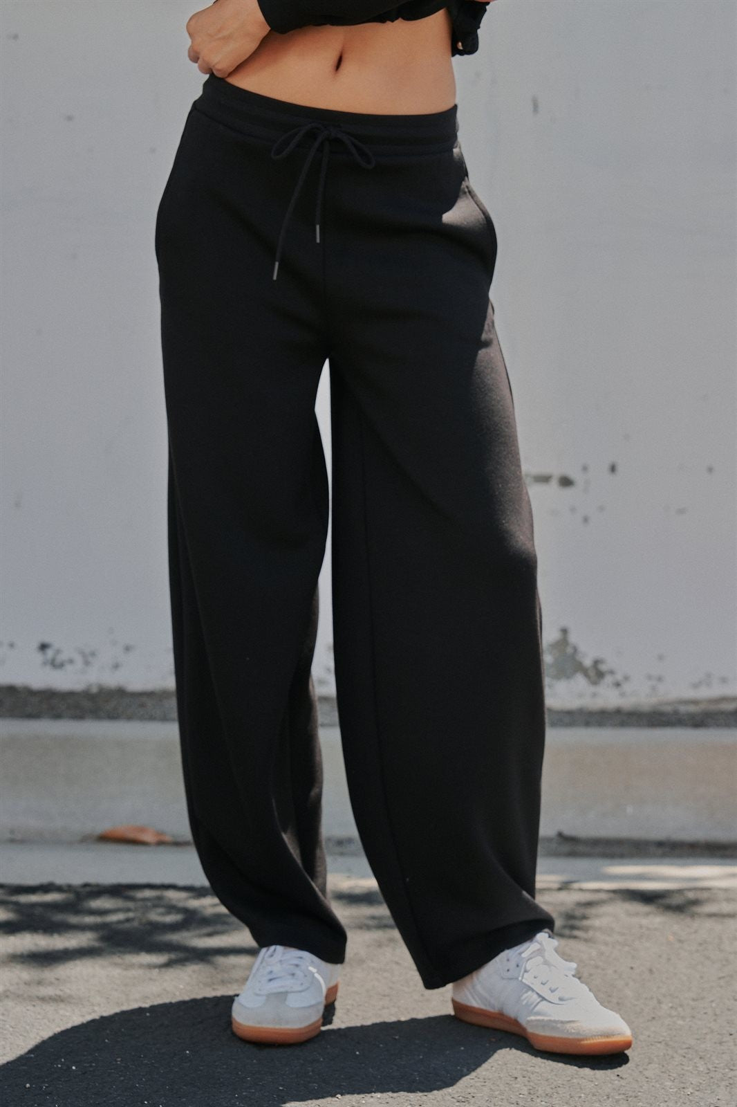 Scuba Knit Barrel Leg Pant with Drawstring Waist in Black - Women's Wholesale Sweatpants & Joggers | Trend Notes
