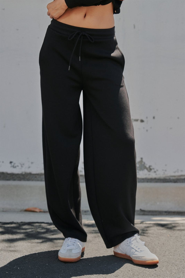 Scuba Knit Barrel Leg Pant with Drawstring Waist in Black - Women's Wholesale Sweatpants & Joggers | Trend Notes